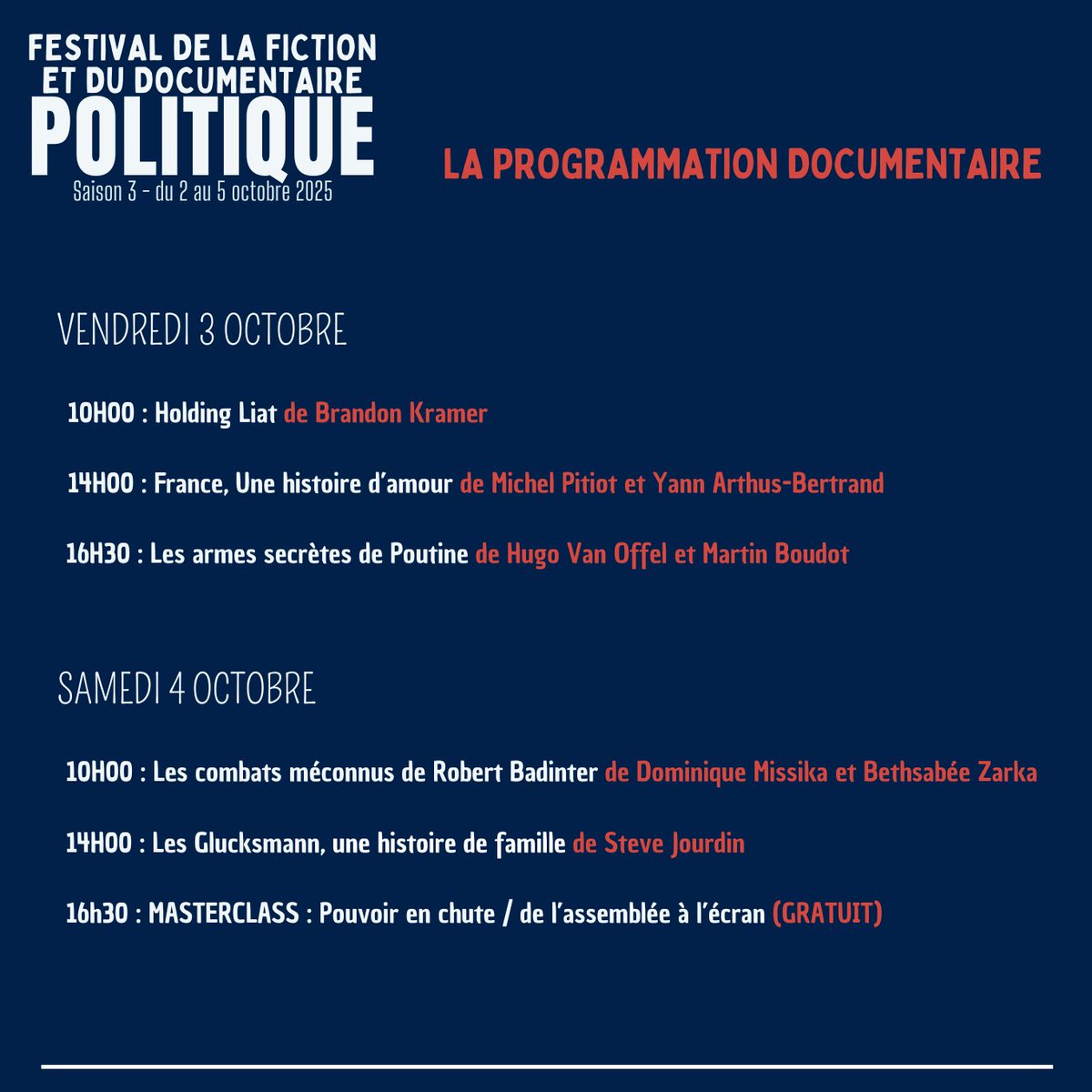 La 3e édition du Festival de la Fiction et du Documentaire Politique revient du 2 au 5 octobre 2025 ! ✨
👉 Réservations et programme disponibles directement sur le site : cinegulfstream.fr / Tarifs des places : 7€

<a href="/VilleLaBaule/">Ville de La Baule-Escoublac</a>