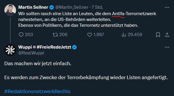Recherche: Erklären wir mal <a href="/Martin_Sellner/">Martin Sellner</a> und <a href="/RealWuppi/">Wuppi ꥟ #FreieRedeJetzt</a> ein wenig das Thema Bildung einer kriminellen Vereinigung. Und warum damit ein IB-Verbot und ein #AfDVerbotSofort  näher rückt. <a href="/Anwalt_Jun/">Anwalt_Jun ®️ Chan-jo Jun</a> <a href="/Volksverpetzer/">Volksverpetzer 🇪🇺🇺🇦🏳️‍🌈</a> <a href="/LINKEPELLI/">MdB Sören Pellmann</a> <a href="/dieLinke/">Die Linke</a> <a href="/RenateKuenast/">Renate Künast</a>