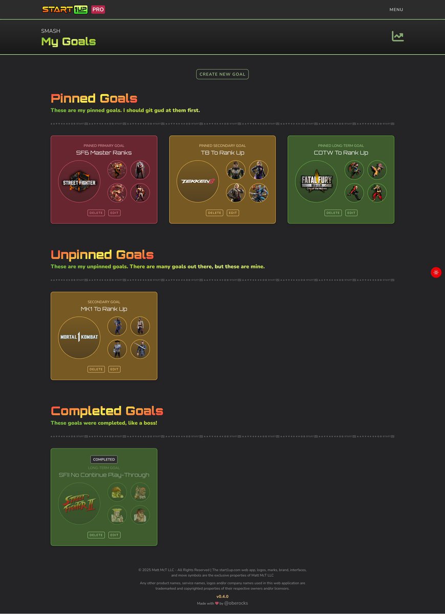 start1up_fgc's tweet photo. We’ve added pinning and ordering to our #FGC goals system! Soon it will be easy for everyone to keep track of everything they’re aiming for across all of their favorite fighting games and fighters!

#streetfighter #TEKKEN #fatalfury #MortalKombat https://t.co/cS8RRvq0NN