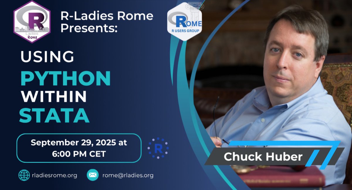 No dia 29 de setembro a <a href="/RLadiesRome/">R-Ladies Rome</a> terá uma apresentação com o Professor Chuck Huber, pesquisador chefe do STATA. 

Ele irá falar sobre como usar inteligência artificial e python dentro do STATA!

É online e gratuita a entrada. 
Envio o link para quem tiver interesse