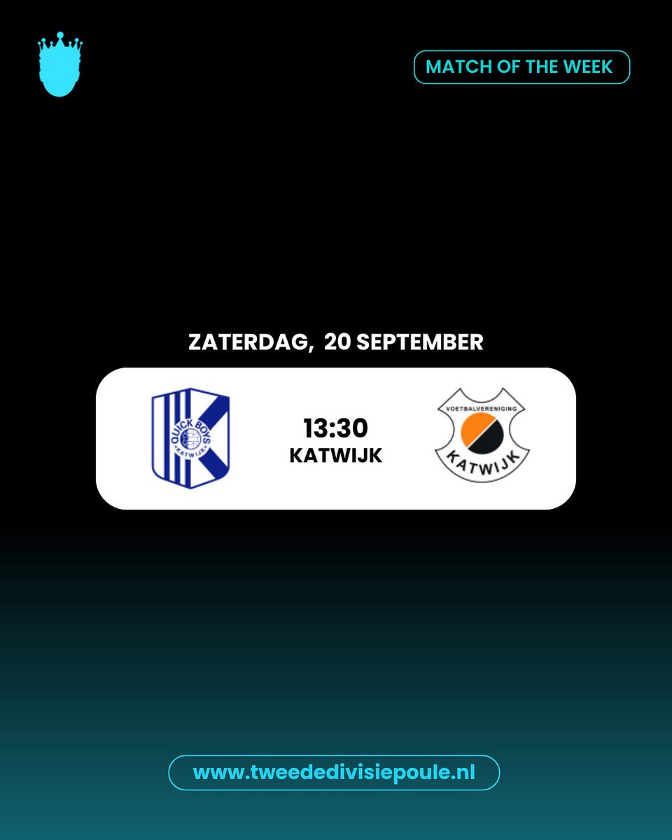 Match of the week! <a href="/KvvQuickBoys/">Quick Boys 💙🤍</a> VS <a href="/vvkatwijk/">VV Katwijk</a> 💙🧡

De 52ste Katwijkse derby staat op het programma! Quick Boys wist 20 keer te winnen en Katwijk 19 maal. 

Wat is jouw voorspelling voor zaterdag? 

#quickboys #katwijk #tweededivisiepoule