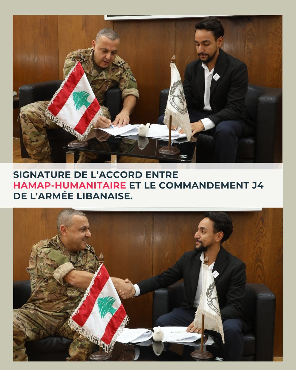 ONG_HAMAP's tweet photo. 🤝En présence du Cdt Millot, de l'@AmbaFranceLiban, HAMAP a signé avec le commandement J4 un accord pour finaliser le centre de formation cynotechnique du @LebMineAction. Un projet #ALMASAR pour renforcer la lutte contre les risques explosifs.
@francediplo #ACM #CdCS https://t.co/WHgj5bF6db