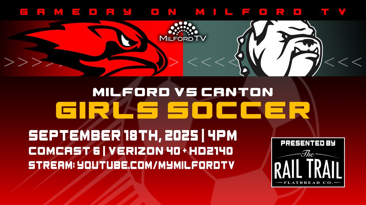 Today at 4pm: MHS Girls Soccer takes on Canton!

Comcast 6
Verizon 40 + HD2140
Stream: youtube.com/mymilfordtv

Presented by <a href="/RailTrailFBCo/">The Rail Trail Flatbread Company</a>