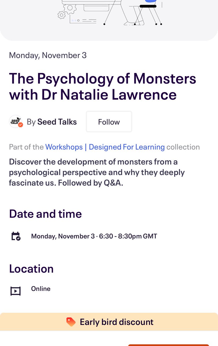 Excited to be giving an online workshop for <a href="/SeedTalks/">Seed Talks</a> November 3rd:

‘The Psychology of Monsters’ 👹 

Early bird tix here: eventbrite.co.uk/e/the-psycholo…