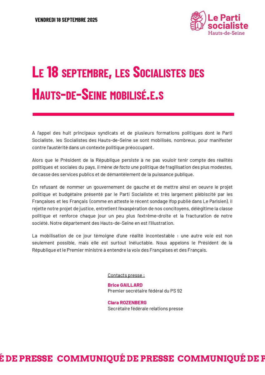 ✊🌹La mobilisation de ce jour témoigne d'une réalité incontestable : une autre voie est non seulement possible, mais elle est surtout inéluctable. 

📣Nous appelons le Président de la République et le Premier ministre à entendre la voix des Françaises et des Français.