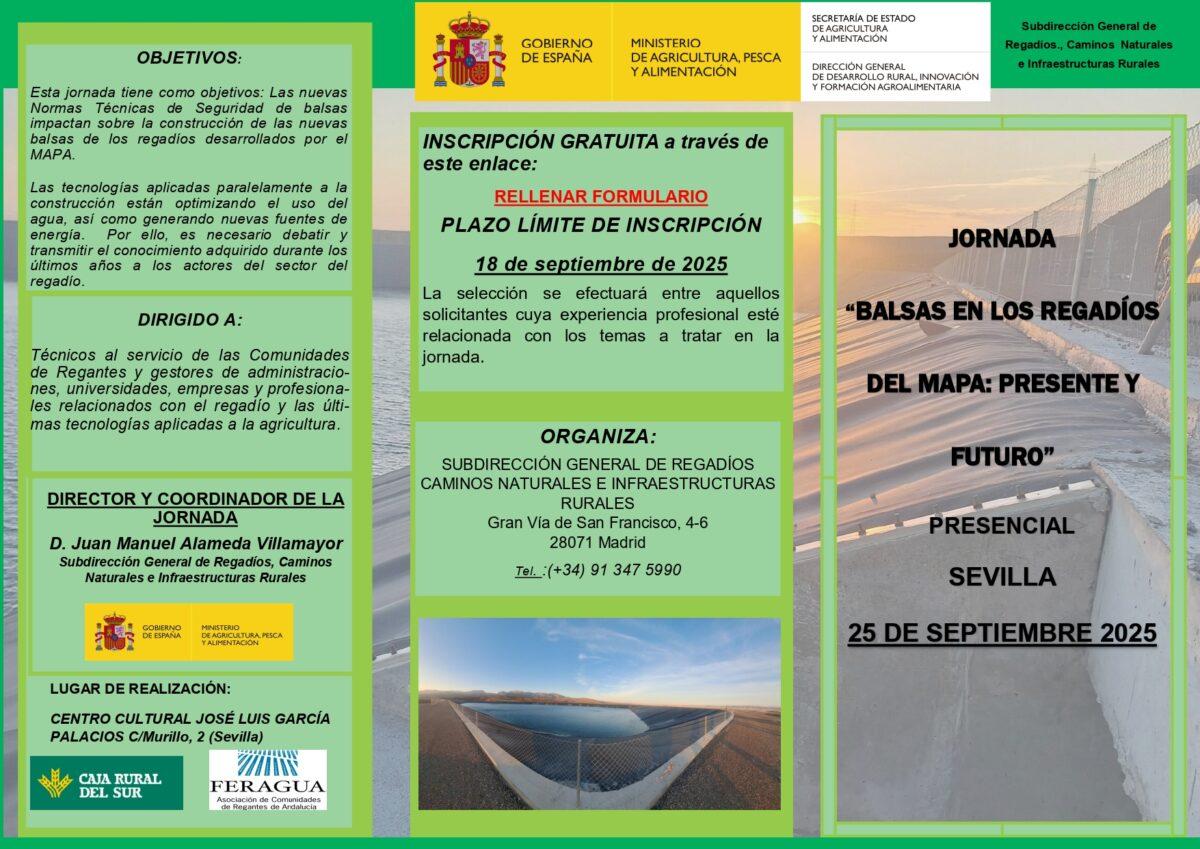 ▶️ Feragua colabora con el MAPA en una jornada sobre el presente y el futuro de las balsas en los regadíos.
Se celebrará el próximo 25 de septiembre (9.00 a 18.30) en la sede de Caja Rural del Sur en Sevilla, promovida por el <a href="/gobmapa/">Ministerio de Agricultura, Pesca y Alimentación</a>.
feragua.com/lavozdelregadi…