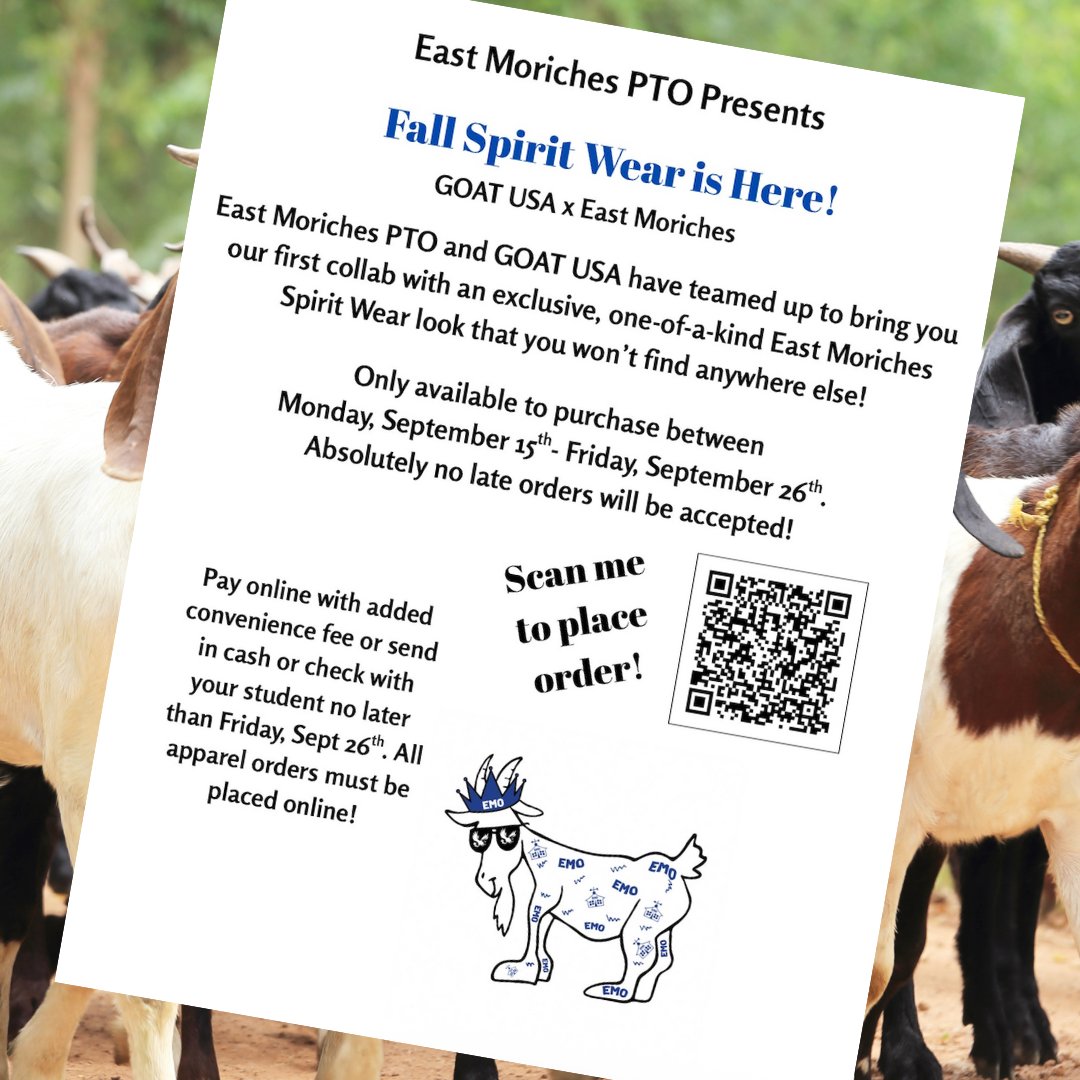 East Moriches PTO and G.O.A.T. USA have teamed up to bring you our first colab with exclusive, one-of-a-kind East Moriches Spirit Wear! 

Available to purchase between Monday, Sept. 15, and Friday, Sept. 26

Learn more: my.cheddarup.com/c/emo-goat-spi…