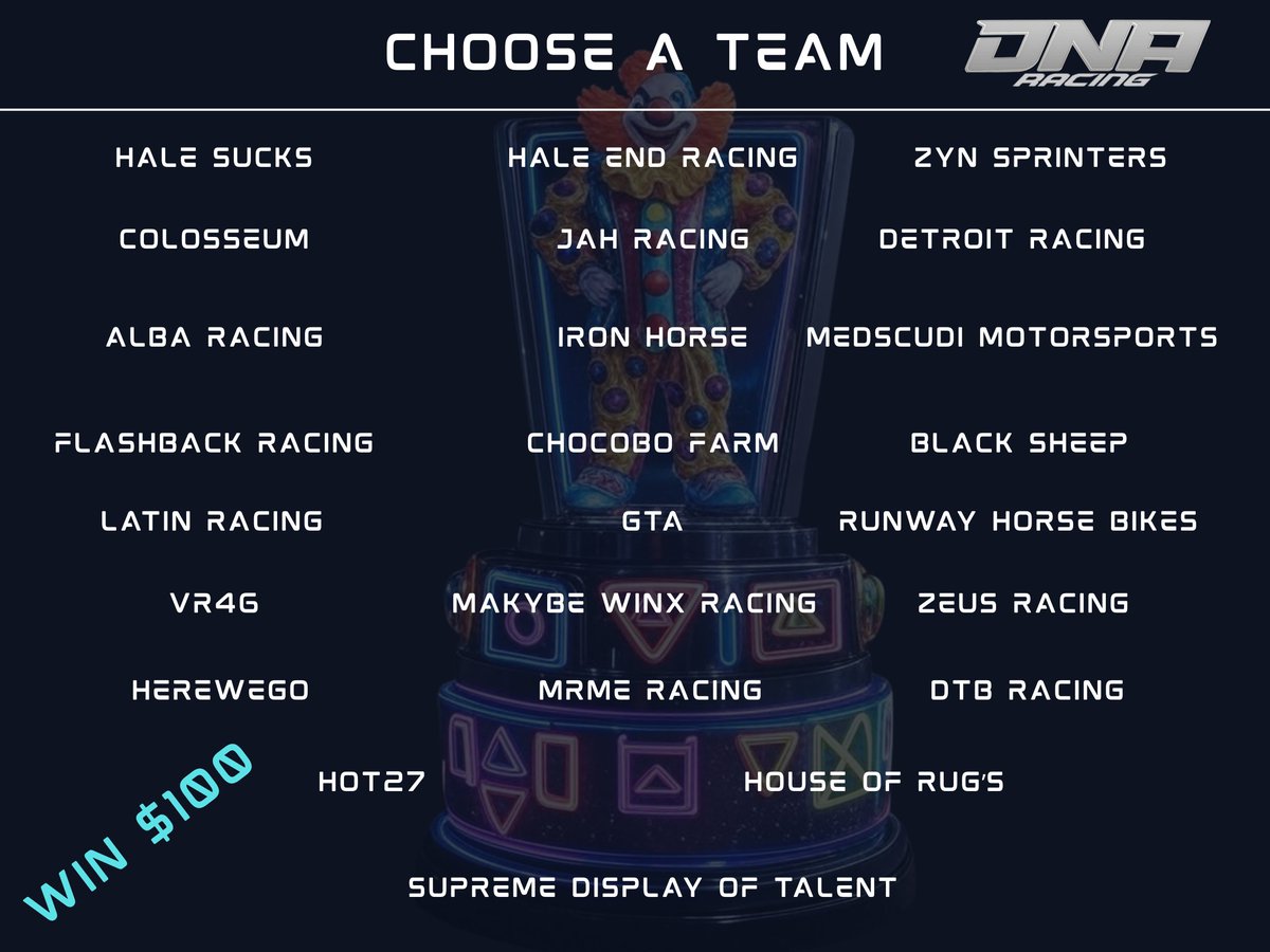 Get in on the DNA Racing TP Madness event!
Pick the winning team and score a $100 prize! 

Everyone is eligible
Rules
Follow <a href="/Spotonparts/">DanShan</a>.  
Retweet this tweet.  
Comment below, tagging 1 friend and your chosen team.
Contest closes 9-20 8pm NY

#Web3Racing  #NFTGaming #GearUpTo7