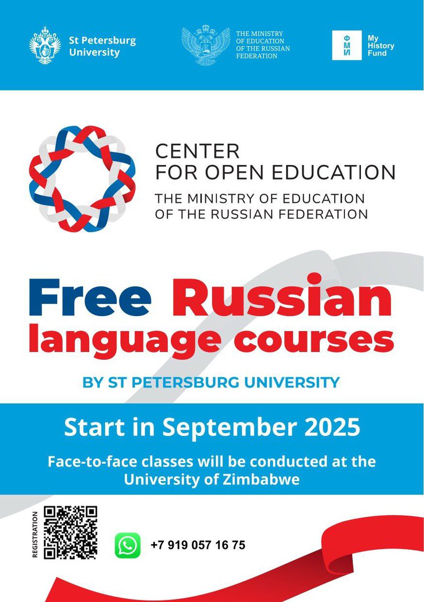 RuEmbZimbabwe's tweet image. Start of the Russian language courses for free in the University of Zimbabwe

To register please contact the supervisor of the project Ms.Zlata, +79190571675 on Whatsapp or visit the Russian Center, Faculty of Arts and Humanities (Confucius Institute, 1st floor).

Bring your ID.