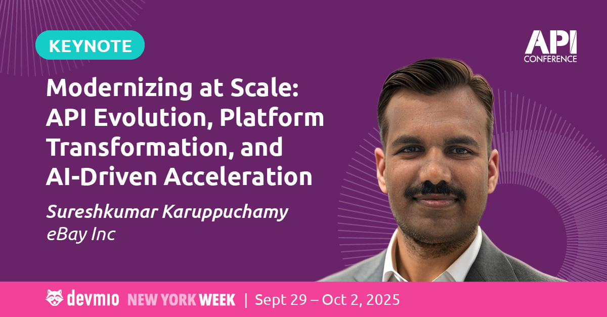 api_conference's tweet image. How do you evolve a platform that powers billions of daily API calls—with zero downtime?
At #APICon New York, Sureshkumar Karuppuchamy shares how his team transformed a massive legacy system into a modern, scalable API-first platform.
🔗 f.mtr.cool/uphmrltrrj