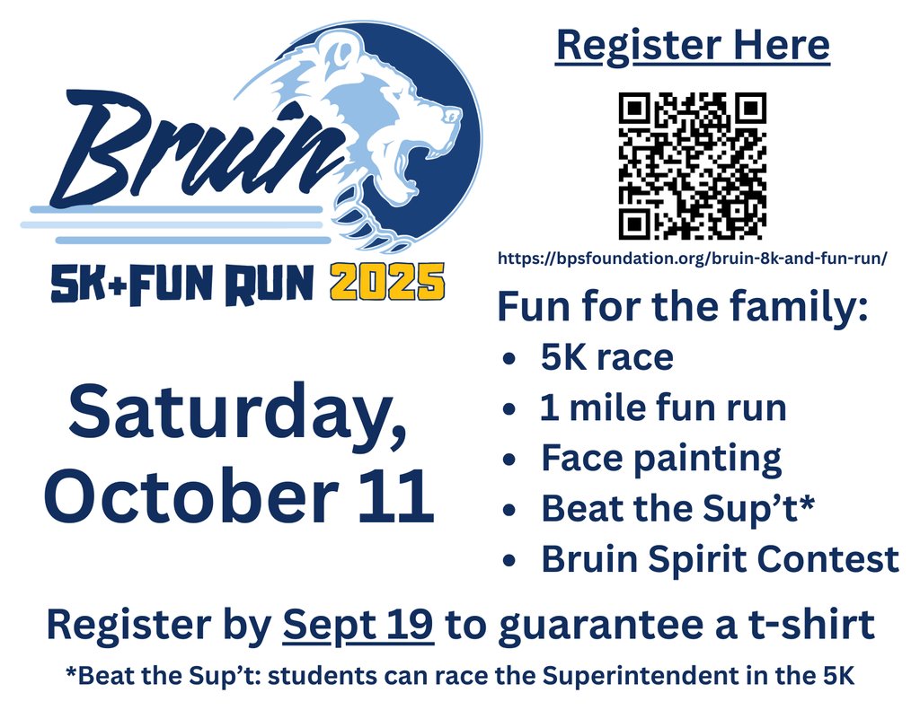 Join BPS staff and students in the Bruin 5K and Fun Run on October 11, hosted by the BPS Foundation. Sign up by Sept 19 to guarantee your shirt. Signup link is: runsignup.com/Race/OK/Bartle…