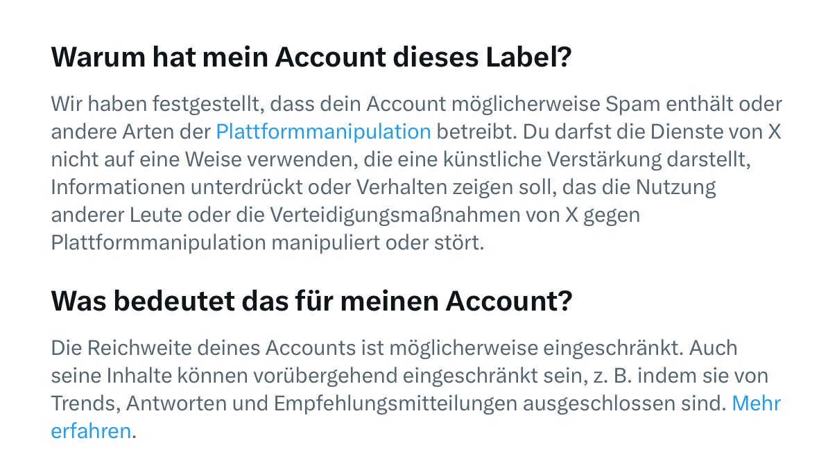Leopold_Sabine's tweet photo. Ich fasse es nicht! Was bringt @X zu so einer Schlussfolgerung? Ich bin #stinksauer.
(Verdacht: Wer unliebsame Personen auf X loswerden will, meldet deren Kommentare einfach als „Spam“? Kann das sein?) https://t.co/lnDkQq9CUO