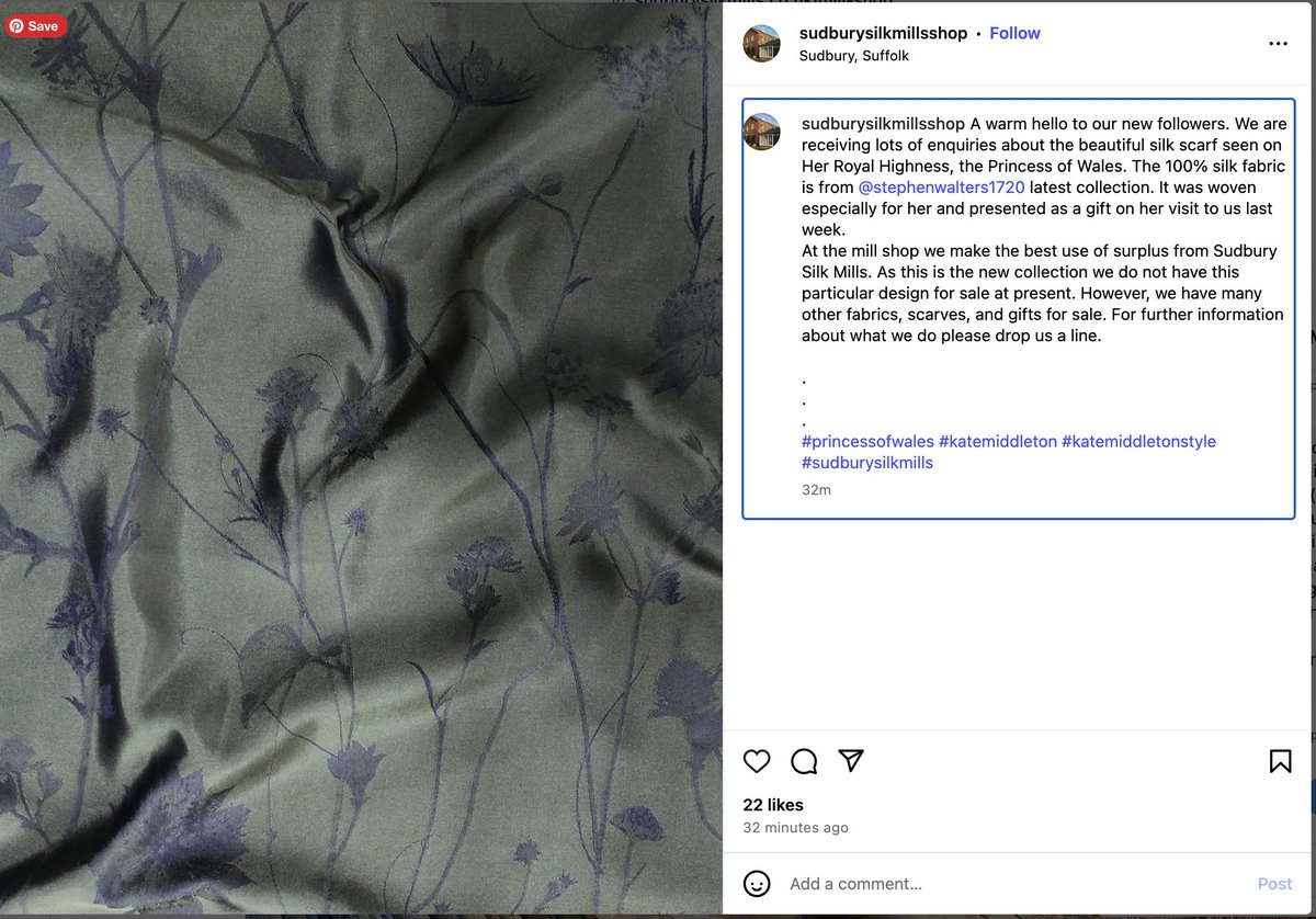 <a href="/scouts/">Scouts</a> <a href="/GabiK_blogoKate/">Gabi :)</a> More information about Kate's scarf today, via Sudbury Silk Mill's Instagram page.
