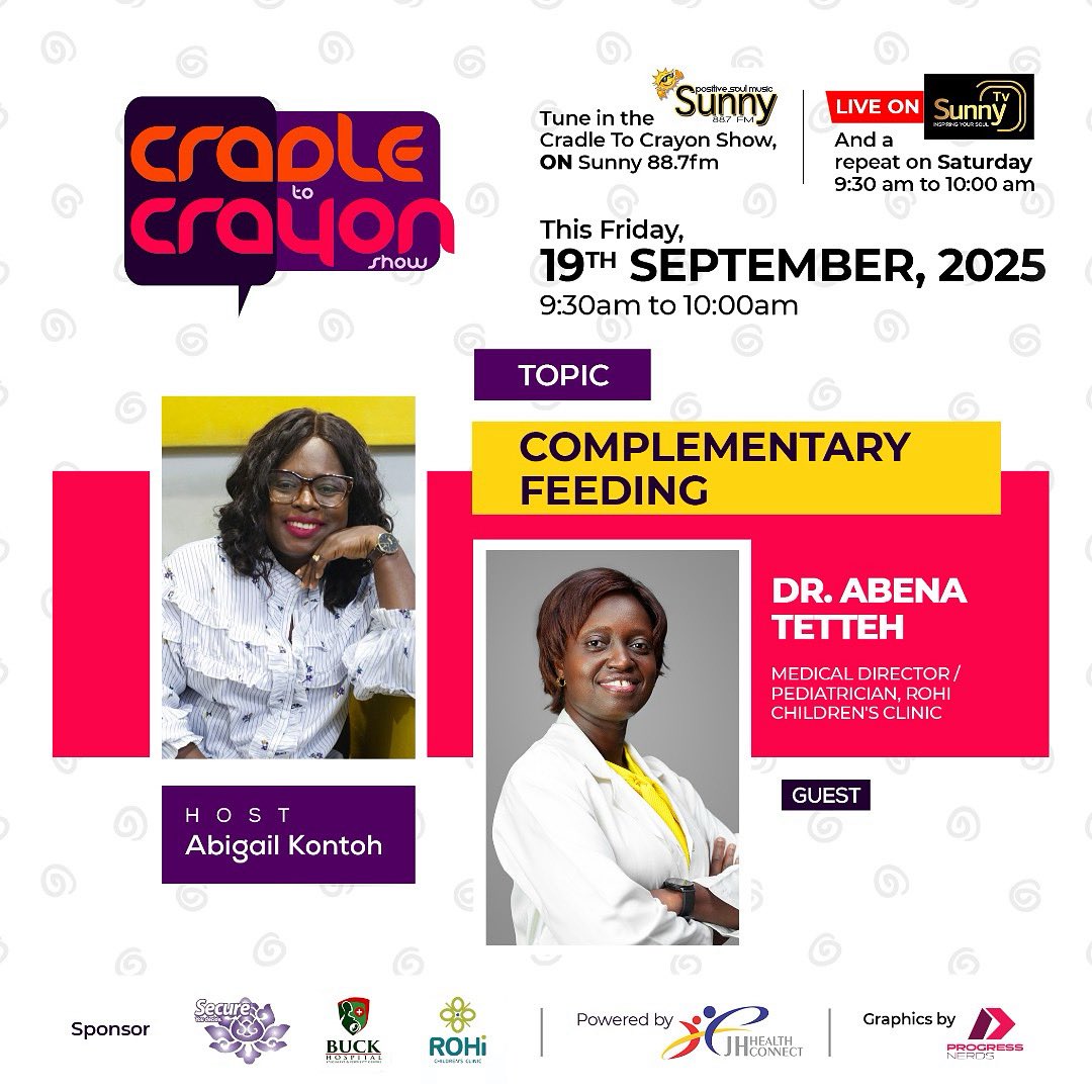 rohiccgh's tweet image. Tune in to another insightful episode of The Cradle to Crayon Show where Dr. Abena educates us on Complementary Feeding for children. 

The show is live on Sunny 88.7 FM and streams on Facebook from 9:30am till 10:00am. Don’t miss this🩵. 

#AtRohi
#ComplementaryFeeding