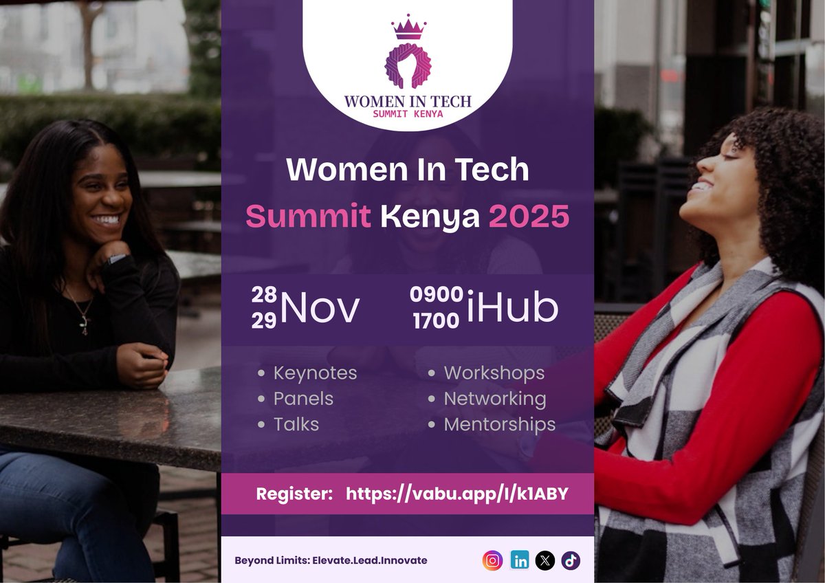📢 Official Event Details Announcement
We’re thrilled to announce that the WomenInTech Summit Kenya 2025 is officially set for 🎉:

🗓️ November 28–29, 2025
 📍 <a href="/iHub/">iHUB</a>, Nairobi, Kenya
🎟️ Tickets - vabu.app/women-in-tech-…

A massive thank you to the org team 🚀

#womenintech #event