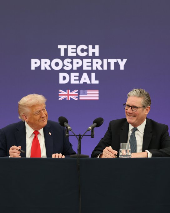 Prime Minister Keir Starmer hosts US President Donald Trump at Chequers.
They are seated in front of a backdrop that reads: TECH PROSPERITY DEAL