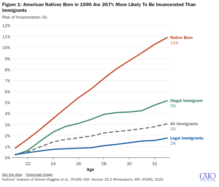 AlexNowrasteh's tweet image. Immigrants have a lower lifetime chance of being incarcerated than native-born Americans. Just another way to measure what you already know. 

Short 🧵with link below.
