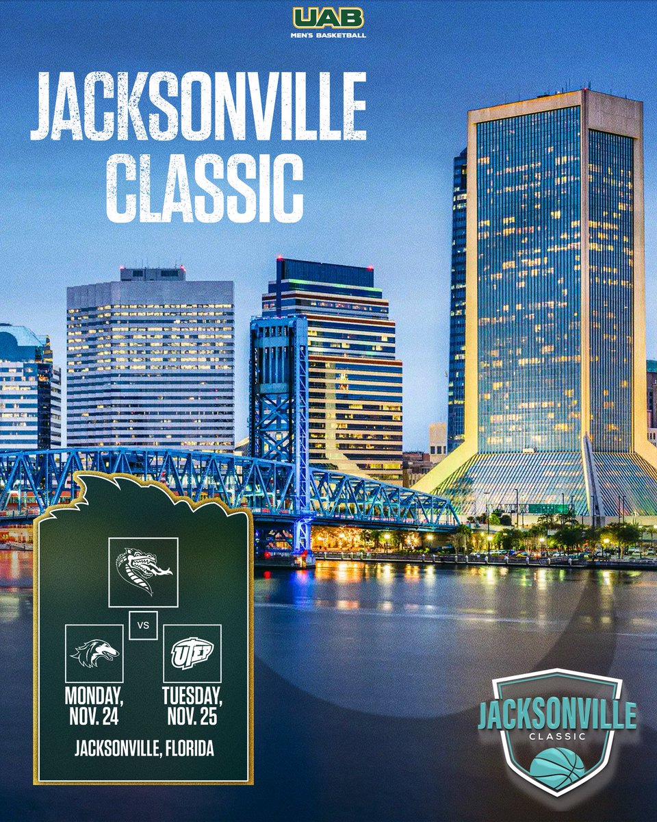 𝐉𝐚𝐜𝐤𝐬𝐨𝐧𝐯𝐢𝐥𝐥𝐞 𝐂𝐥𝐚𝐬𝐬𝐢𝐜 𝐎𝐩𝐩𝐨𝐧𝐞𝐧𝐭𝐬 

UAB will play Southern Illinois and UTEP on Nov. 24-25 at the Jacksonville Classic Tournament!  

Information about tickets here: bit.ly/3I2LoiE