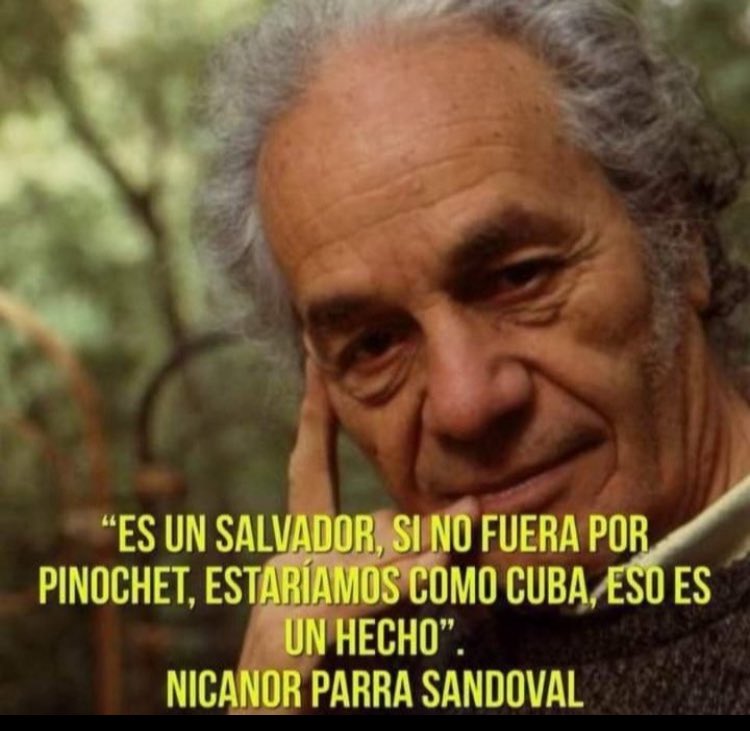 <a href="/oscar_contardo/">Oscar_Contardo</a> REALIDAD 
En los 70 se instaló en Chile la dictadura del proletariado, Castro tenía sus fichas puestas en Chile y Allende, como lo hizo con Chávez en Venezuela.
Pinochet nos liberó del yugo marxista, recuperó la democracia y reconstruyó el País
Allende es Mito
Pinochet Leyenda🇨🇱