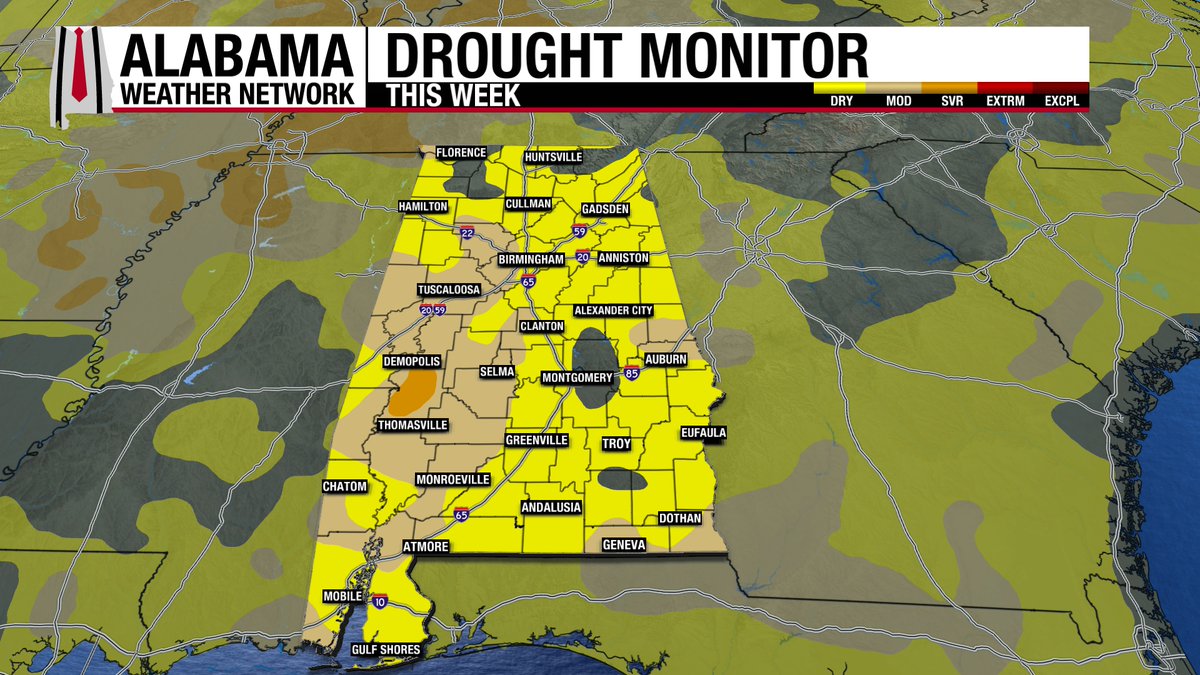 The latest Drought Monitor has been released - dry conditions have expanded across most of the state, with moderate drought conditions developing in the eastern and southeastern parts of Alabama.