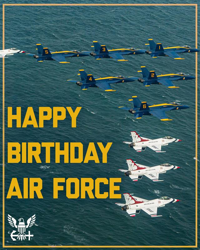 U.S. Navy (@usnavy) on Twitter photo Happy 78th Birthday, <a href="/usairforce/">U.S. Air Force</a>!
Since 1947, your Airmen’s dedication and excellence have fueled the mission. We salute all who #FlyFightWin! Happy 78th Birthday, <a href="/usairforce/">U.S. Air Force</a>!
Since 1947, your Airmen’s dedication and excellence have fueled the mission. We salute all who #FlyFightWin!