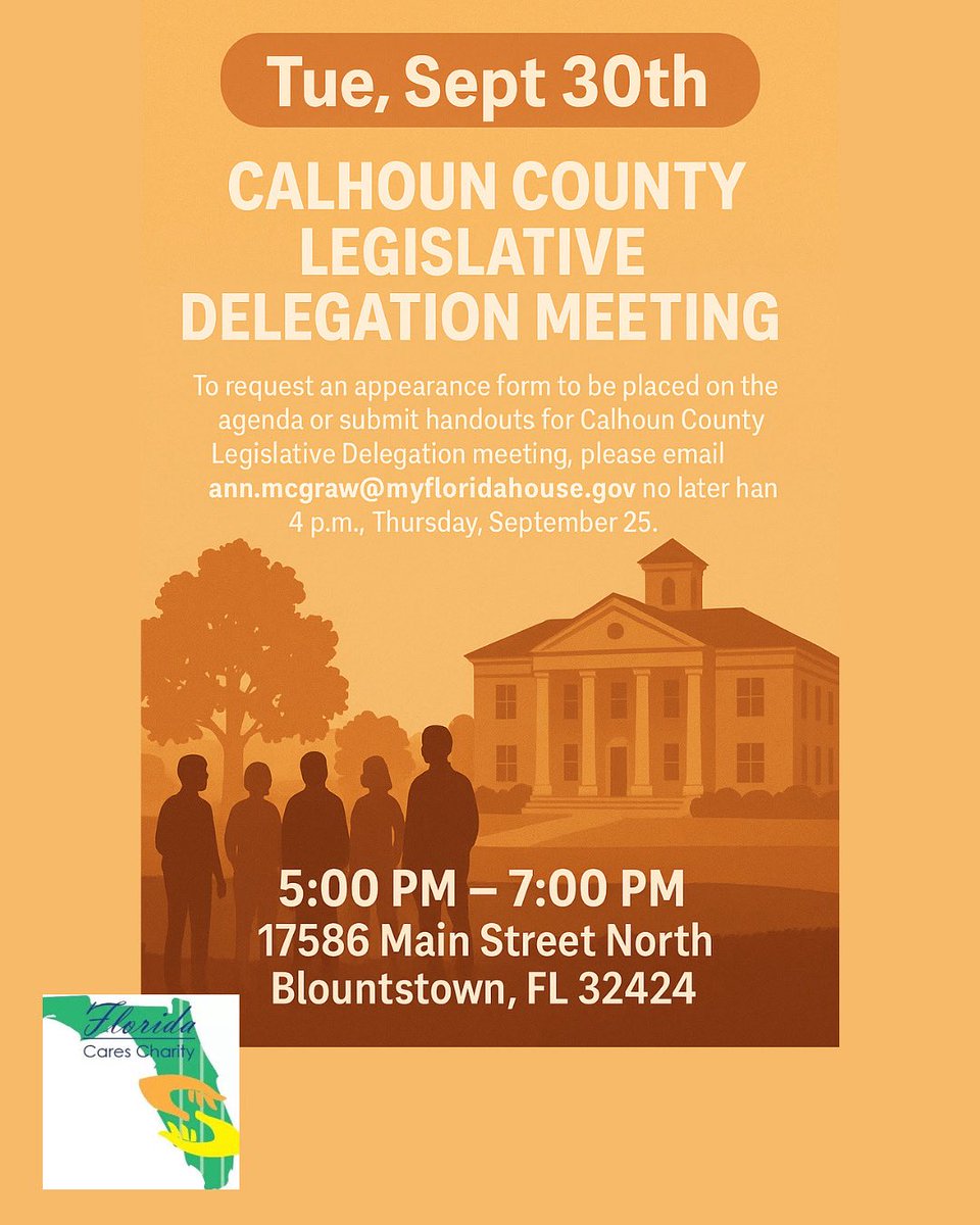 florida_cares's tweet photo. 📢 Calhoun County! Legislative Delegation Meeting is Tue, Sept 30 | 5–7 PM at 17586 Main St N, Blountstown.
Speak up &amp; let lawmakers know what matters most 💬✨
Email ann.mcgraw@myfloridahouse.gov by Sept 25 to be on the agenda.
#CalhounCounty #FloridaCares #beattheheat https://t.co/6Ca9OAx8sA