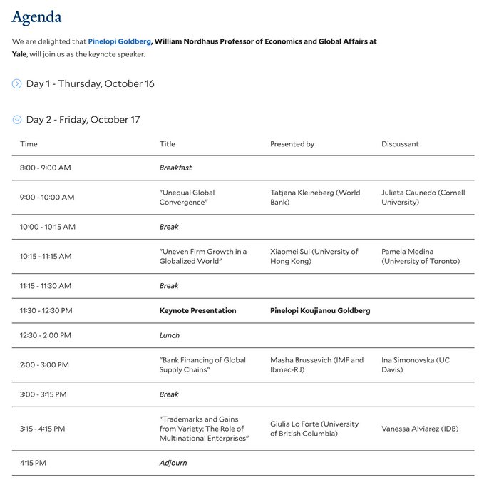 Yale Department of Economics (@yaleeconomics) on Twitter photo Join us for the 6th Women in International Economics Conference, October 16-17, 2025 at <a href="/Yale/">Yale University</a>!
Ft. <a href="/PennyG_Yale/">Pinelopi Goldberg</a> as keynote speaker.
Agenda below, and more information here: cowles.yale.edu/events/2025/wo… Join us for the 6th Women in International Economics Conference, October 16-17, 2025 at <a href="/Yale/">Yale University</a>!
Ft. <a href="/PennyG_Yale/">Pinelopi Goldberg</a> as keynote speaker.
Agenda below, and more information here: cowles.yale.edu/events/2025/wo…