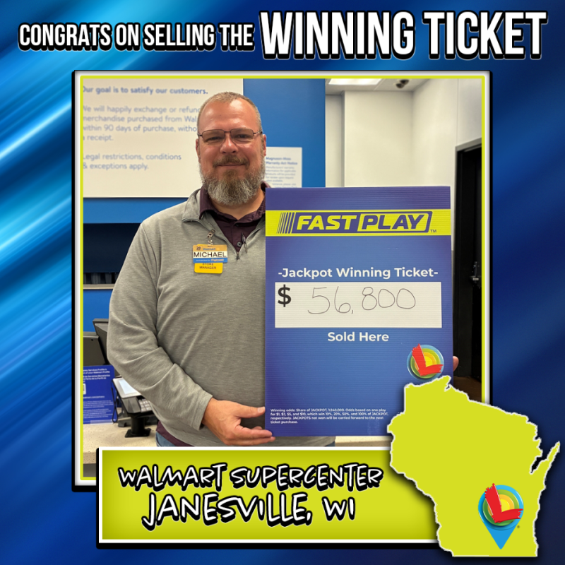 wilottery's tweet photo. #WiscoWinner
The Walmart Supercenter on 3800 Deerfield Dr. in Janesville does some fast work.
A player won a $56,800 Progressive Jackpot instantly after purchasing a CashWord ticket. The winning ticket won 50% of the Progressive Jackpot.
Learn more about Fast Play tickets at https://t.co/xZun3JP7ZZ