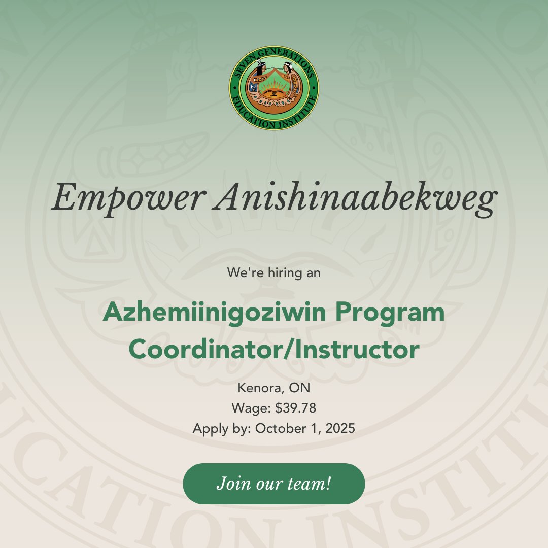 Join our team! We’re looking for a Banquet/Event Chef, Culinary Assistant, and Azhemiinigoziwin Program Coordinator/Instructor to join us at our Manidoo Baawaatig Campus in Kenora.

Learn more or apply online today at 7generations.org/employment-opp…