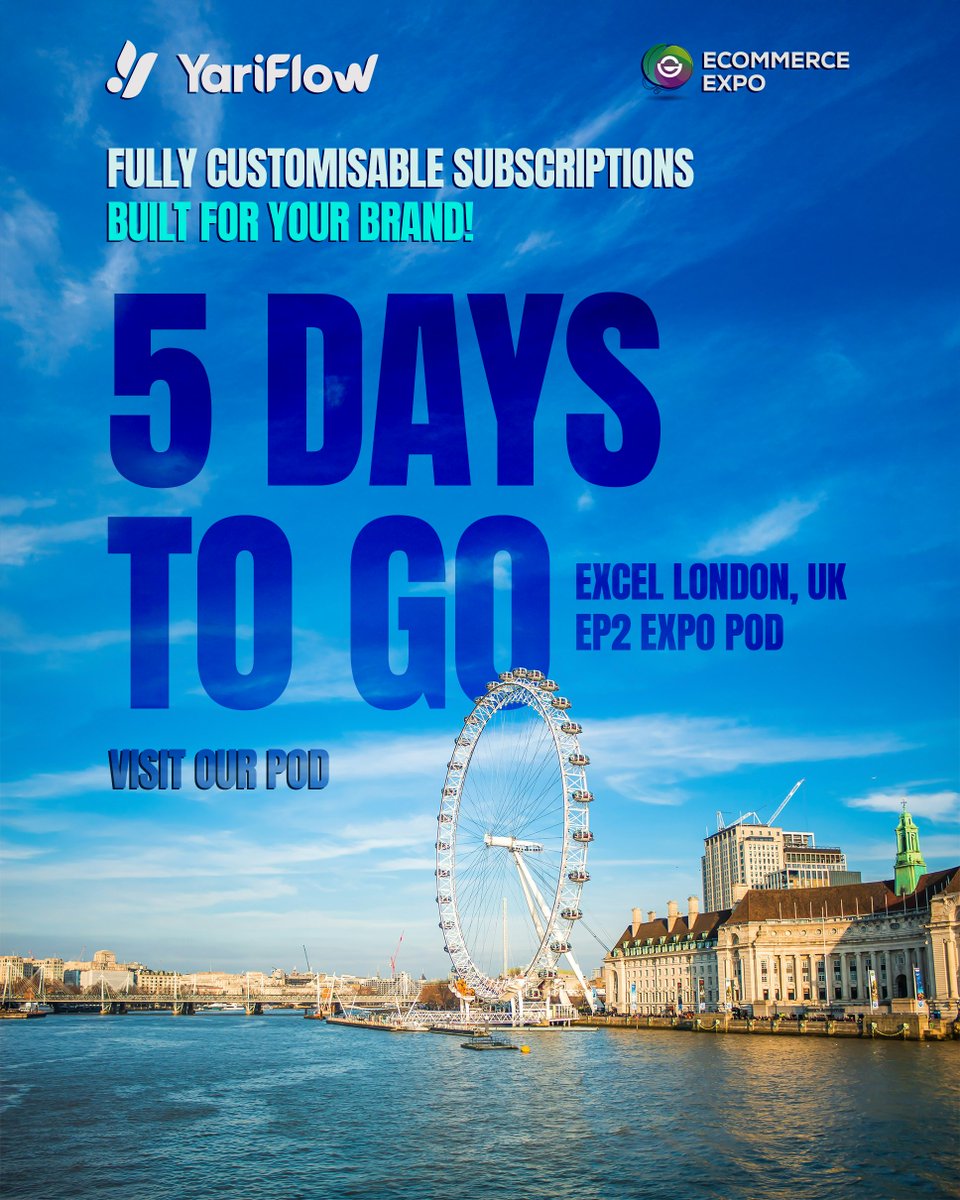 TheYariFlow's tweet image. 🚀 Just 5 days to go until #EcommerceExpo2025! @ecommerceexpo 

Find us at ExCeL London, EP2 Expo Pod and discover how #YariFlow makes #ShopifySubscriptions fully customisable, scalable &amp;amp; affordable.

#ECE2025 #TFM25 #eCommerceExpo #TechnologyforMarketing #ExcelLondon #ecommerce