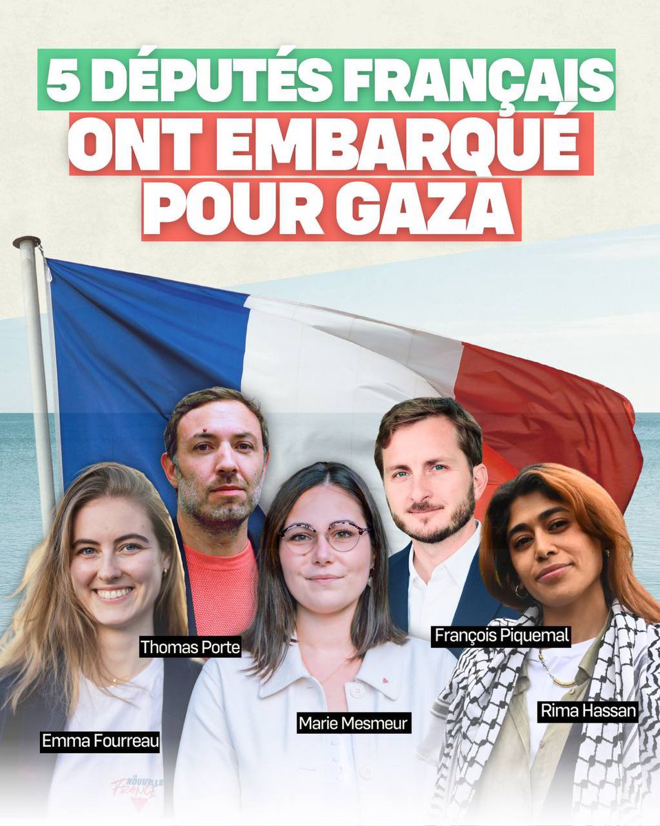Nous sommes 5 député•es français•es  à avoir embarqué pour Gaza à bord des bateaux de la <a href="/GlobalSumudFlt/">Global Sumud Flotilla</a> , <a href="/MarieMesmeur/">Marie Mesmeur</a>, <a href="/emma_frr/">Emma Fourreau</a>, <a href="/RimaHas/">Rima Hassan</a>, <a href="/Portes_Thomas/">Thomas Portes</a> et moi-même. 

Nous embarquons dans le but de mettre fin au blocus illégal sur Gaza. 

Portraits en commentaires 👇