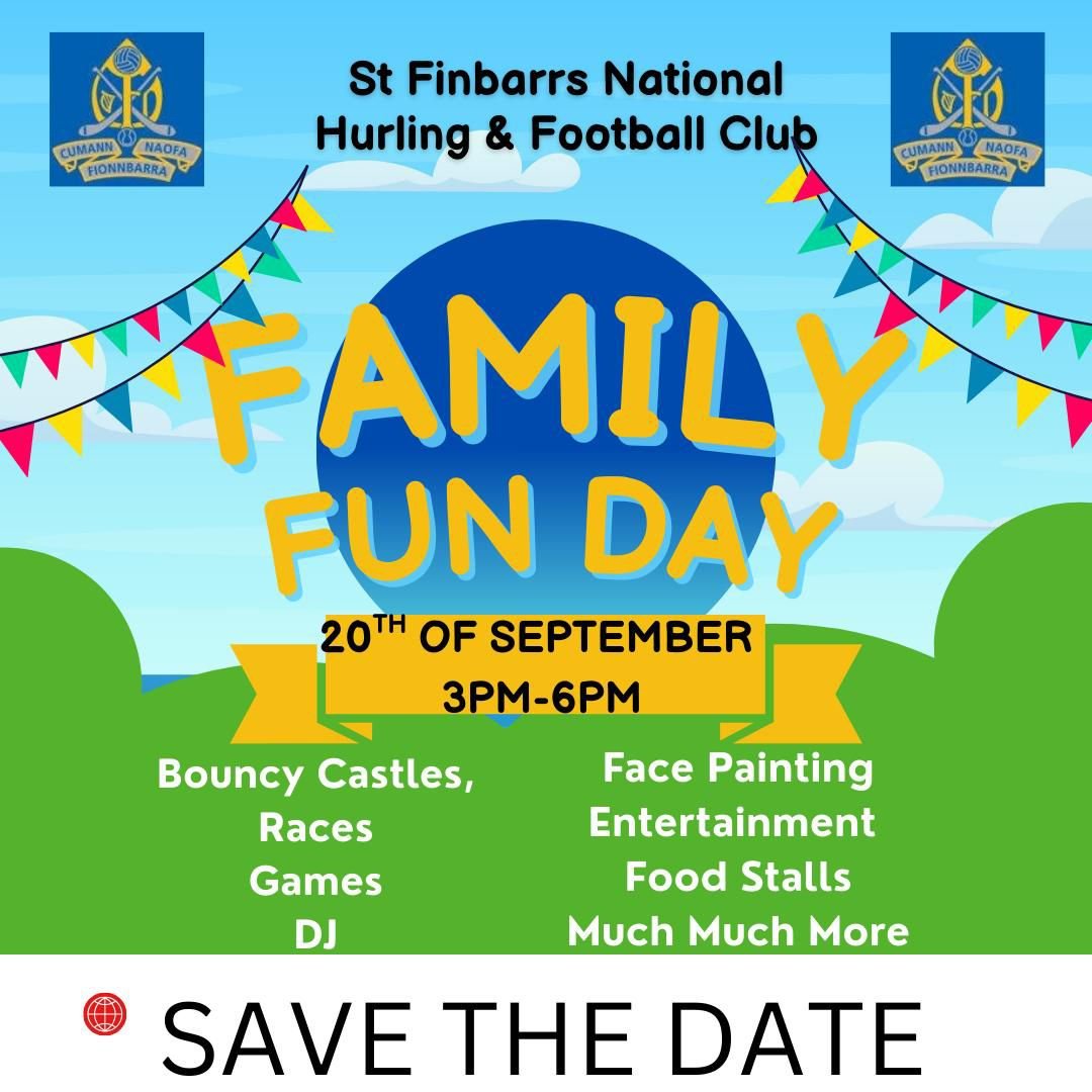 Calling all families, players &amp; members of all ages to join us on Sept 20th from 3-6pm for the annual St. Finbarrs Family Fun Day.  Link to purchase tickets below. €5 per Adult and Kids are free.   Tickets are available to purchase in the clubhouse. 
stfinbarrsgaa.clubforce.com/pages/family-f…