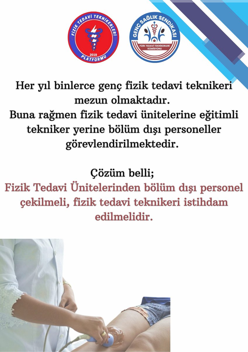 Fizik Tedavi Teknikeri (@ft_teknikeri) on Twitter photo Her gün binlerce insan fizik tedaviye ihtiyaç duyuyor ama yetersiz kadrolar yüzünden randevu bulamıyor. Bu durum hem hastalarımızı hem de fizyoterapist ve fizik tedavi teknikerlerini mağdur ediyor.
<a href="/drmemisoglu/">Prof. Dr. Kemal Memişoğlu</a> <a href="/saglikbakanligi/">T.C. Sağlık Bakanlığı</a>
#FtrÜnitesineTekniker Her gün binlerce insan fizik tedaviye ihtiyaç duyuyor ama yetersiz kadrolar yüzünden randevu bulamıyor. Bu durum hem hastalarımızı hem de fizyoterapist ve fizik tedavi teknikerlerini mağdur ediyor.
<a href="/drmemisoglu/">Prof. Dr. Kemal Memişoğlu</a> <a href="/saglikbakanligi/">T.C. Sağlık Bakanlığı</a>
#FtrÜnitesineTekniker