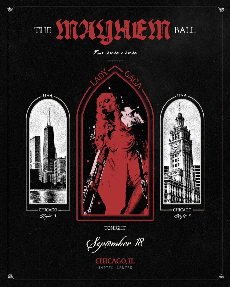 MAYHEMBallTour's tweet photo. Chicago N3! 🇺🇸

The MAYHEM Ball wraps up its first North American leg tonight with the final show at Chicago’s United Center. 🌪🔥

Next, the tour moves to Europe, kicking off in London on September 29. 🇬🇧🌍

Last night, Gaga took her bow to Yoü And I, leaving Marry The Night and The Queen as the only Born This Way songs yet to close a show. Which one will finally end this North American run? 👀👑

🚪 Doors: 6:30 PM
🎤 Show: 8:30 PM