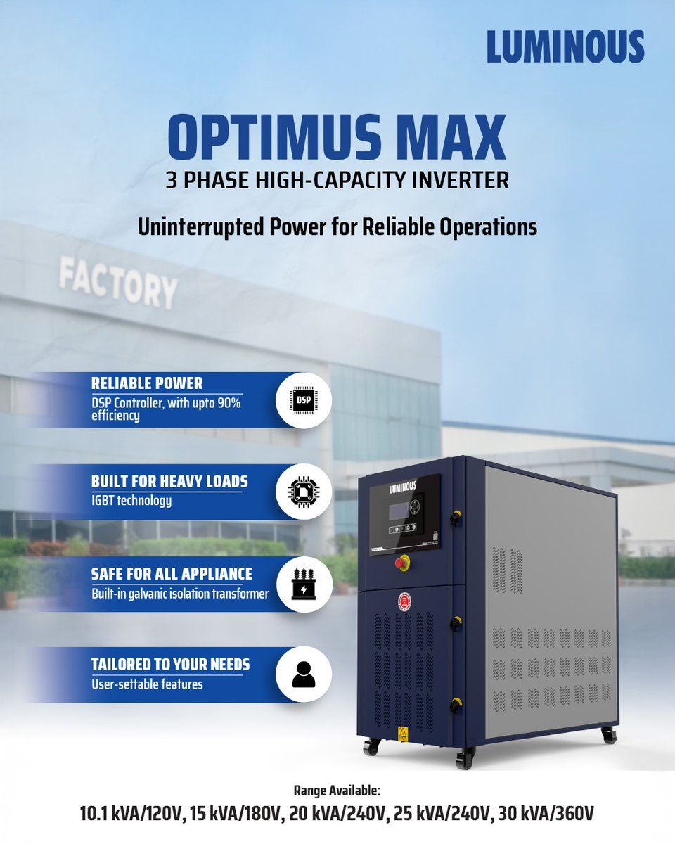 myluminous's tweet photo. Ensure uninterrupted power with Optimus Max – 3 Phase High-Capacity Inverter built for heavy loads, reliable performance, and complete appliance safety.
#Luminous #OptimusMax #ReliablePower https://t.co/EruLr4GLYV