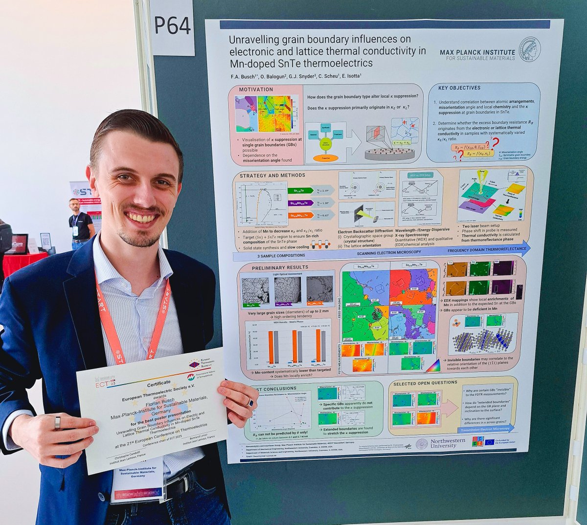 Congratulations to Florian Busch who  analyses how to make thermoelectrics, materials that convert waste heat into electricity, more effective. He has been awarded the Best Poster Award at the European Conference on  Thermoelectrics in Nancy, France 👏 
mpie.de/5109771/poster…