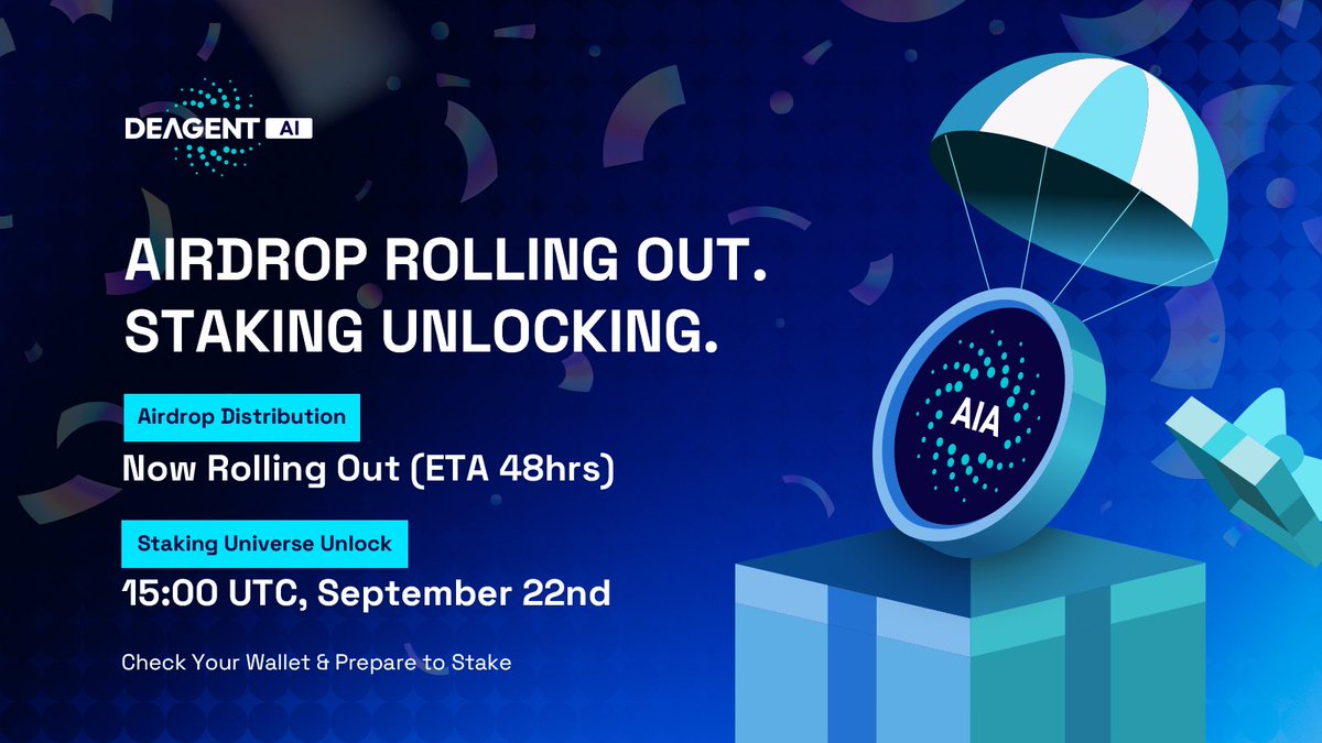 DeAgentAI's tweet image. The Genesis #AirDrop is rolling out now! 🪂 (ETA: 48hrs)

WHAT&apos;S NEXT?  The main event.

The full $AIA Staking Universe unlocks at 15:00 UTC 22, Sep. 15x multipliers, 6+ mini-games, and exclusive community battles await.

Your $AIA has a destiny. Don&apos;t let it sit idle. 🌀
➡️…
