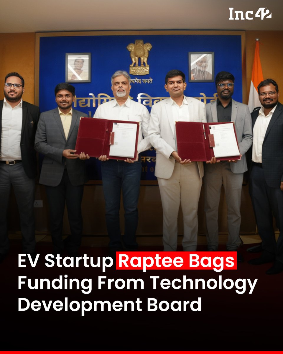 Inc42's tweet image. Electric motorcycle manufacturer Raptee.HV has received funding from the science and technology ministry’s Technology Development Board (TDB).👇

Without disclosing the funding amount, Raptee said it has become the first EV motorcycle OEM in the country to receive financing from…