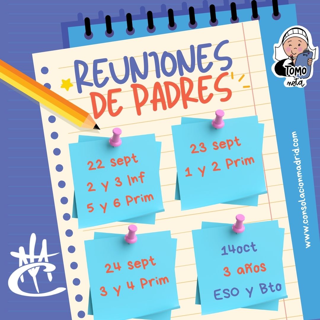 Os informamos de las fechas de las reuniones de inicio de curso con los tutores de los distintos niveles. Todas ellas comenzarán a las 17:30 horas.
¡Os esperamos!
#incondicional #ConsolaciónEduca #FamiliaConsolación #ConsolaciónFundaciónEducativa