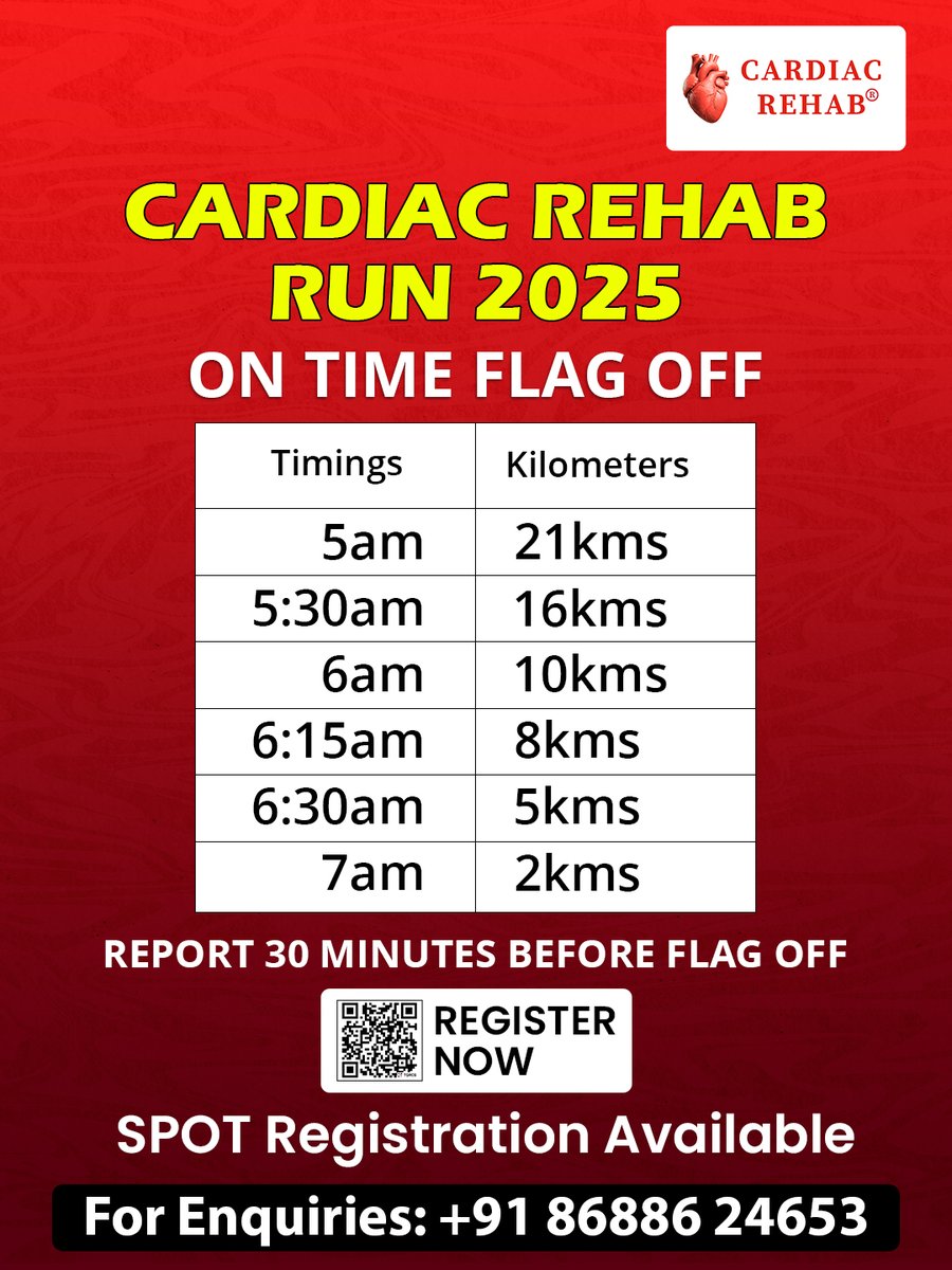 MyCardiacRehab's tweet photo. Join the Cardiac Rehab Run 2025! 🏃‍♂️ Distances from 2km to 21km with on-time flag off starting 5am. Report 30 mins before start.
🎟️ Register now and get your heart strength checked for FREE:
👉 https://t.co/tlmq3AA7Ri
.
#telanganarunners #TelanganaMarathon #Cardiacrehab https://t.co/kLmSlU2MCk