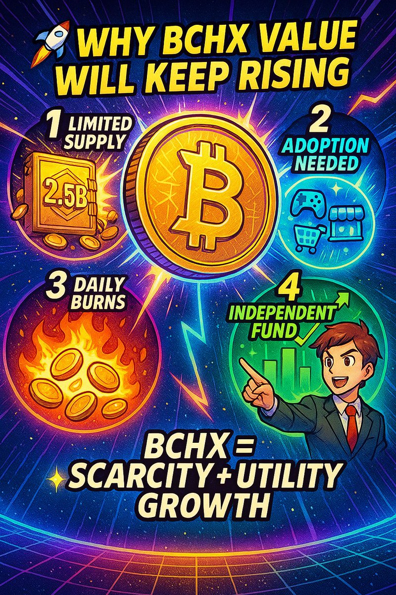 BCHXofficial's tweet photo. 🚀 Why will BCHX token value rise in the future?

Because it’s designed with real economic principles, not hype. Let’s break it down 👇

🔒 Limited Supply
Total = 2.5B BCHX tokens.
• 2B available for use in the ecosystem.
• 500M reserved for risks → will be burned if not needed.
Scarcity creates long-term asset preservation.

🌍 Utility & Adoption
BCHX isn’t just a coin to trade.
It’s the currency of our ecosystem:
🎮 Redeem credits to play games & earn BCHX.
🛒 Buy & sell goods/services in the marketplace.
📈 Invest & earn returns in BCHX.
Demand grows naturally as more users participate.

🔥 Daily Token Burns
Every day, unclaimed rewards are permanently destroyed.
This shrinking supply → increases scarcity → supports higher value for active holders.

📈 Independent Fund
An external fund actively manages BCHX trading.
Its role: create market stability, reduce volatility, and strengthen long-term confidence in token value.

✅ The principle is simple:
Limited supply 📉
Growing adoption 🌍
Daily burns 🔥
External stability fund 📈

This is how BCHX = Real demand. Real value.

👉 Join the future of blockchain utility. #BCHX
👇 Learn:
https://t.co/l46K0Q37gO