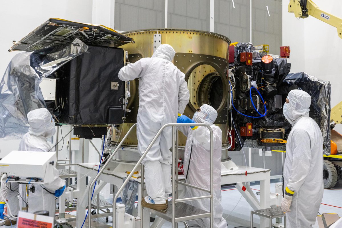 NOAASatellites's tweet photo. Technicians @AstrotechSpace Operations have completed integrating @NOAA's #SWFOL1 and @NASA's Carruthers Geocorona Observatory satellites to the “ring” that will carry them (along with NASA’s upcoming #IMAP mission) to space.
All three spacecraft will launch together on a single @SpaceX #Falcon9 rocket @NASAKennedy no earlier than 7:32 a.m. EDT on Tuesday, Sept. 23.
More about SWFO-L1: https://t.co/Kc0yYIw2rx
#SWFOMission #LetsGoSWFO