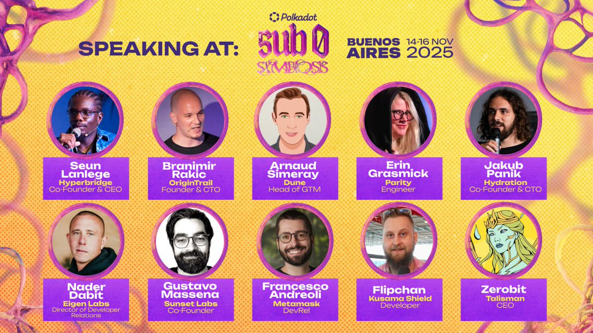 Announcing the first phase of speakers for sub0 Buenos Aires. 

Two stages. 60+ innovators from multiple ecosystems. 
The symbiosis begins. 

Seun Lanlege (<a href="/seunlanlege/">Web3 Philosopher</a>), <a href="/hyperbridge/">Hyperbridge</a> 
Branimir Rakic (<a href="/BranaRakic/">Brana Rakic</a>), <a href="/origin_trail/">OriginTrail</a>
Arnaud Simeray (<a href="/Arnno39/">Arno</a>), <a href="/Dune/">Dune</a>
Nader Dabit