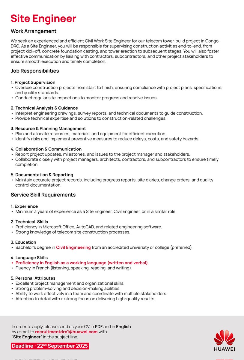 🚨 Huawei RDC recrute à #Kinshasa !

📌 Postes ouverts :
✅ Civil Work Expert
✅ Implementation Manager
✅ Site Engineer

⏳ Deadline : 22/09/2025
📩 CV (PDF + en anglais) 👉 recruitmentdrc1@huawei.com
Objet : [Nom du poste]
Rejoignez un Top Employer 2025 🌍
#HuaweiRDC