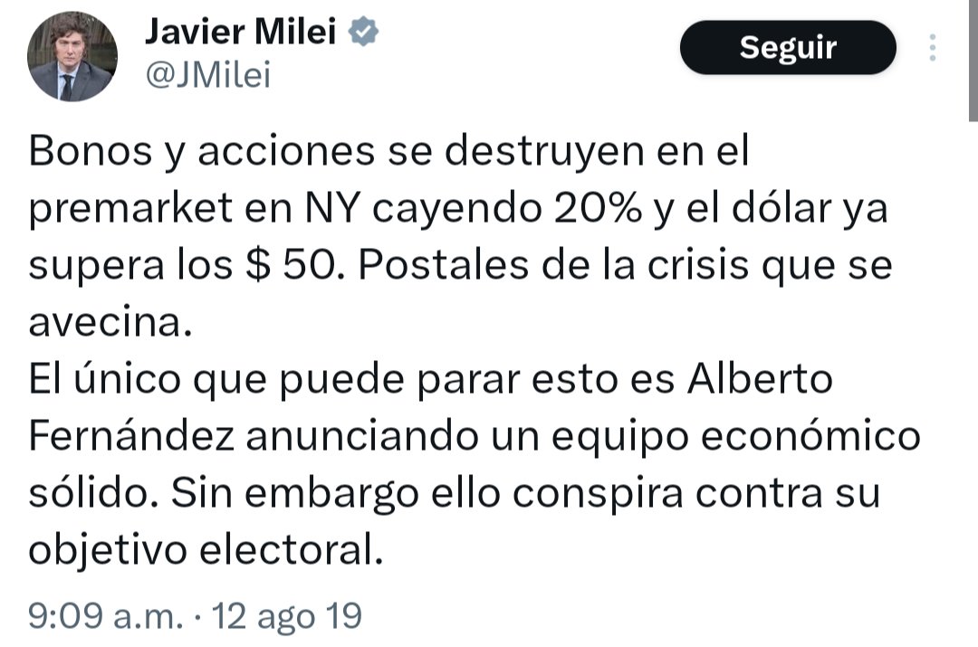 Hola <a href="/JMilei/">Javier Milei</a> 
Che, ¡qué mal que envejeció este tuit!