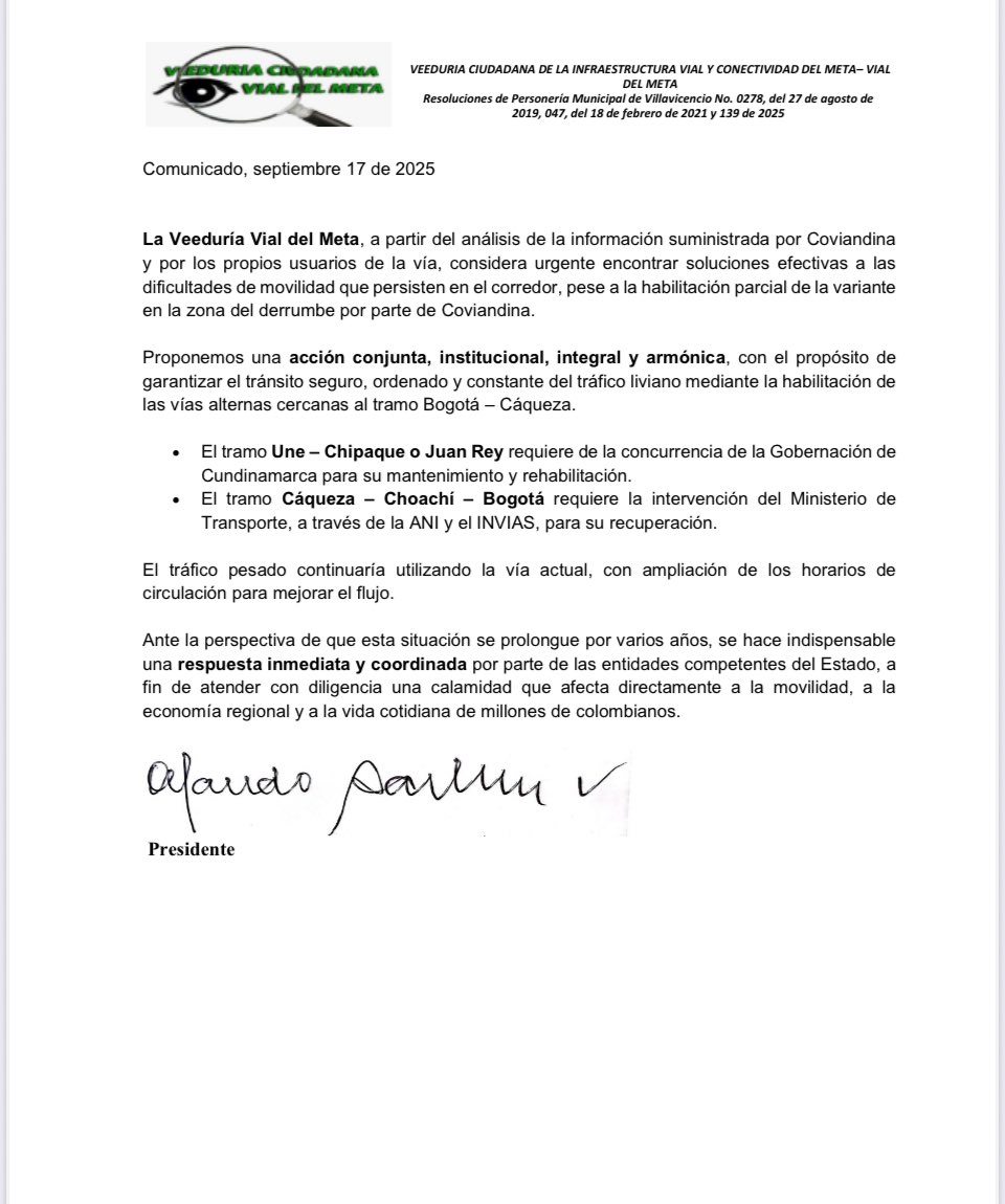 📢 #Comunicado | Malla vial 🚧
<a href="/CNPMeta/">CNPMeta</a>,  hace parte de la Veeduría que propone soluciones urgentes para la movilidad en la vía al Llano. 🛣️🤝