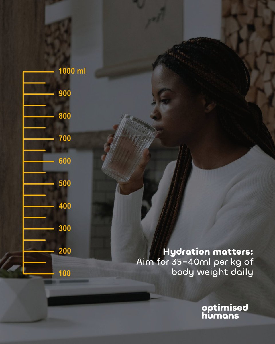 Hydration matters: Aim for 35–40ml per kg of body weight daily.

---
#OptimisedHumans: The ones who strive to be #BetterEveryDay.

#OptimisedHydration #DrinkWater #Fitness