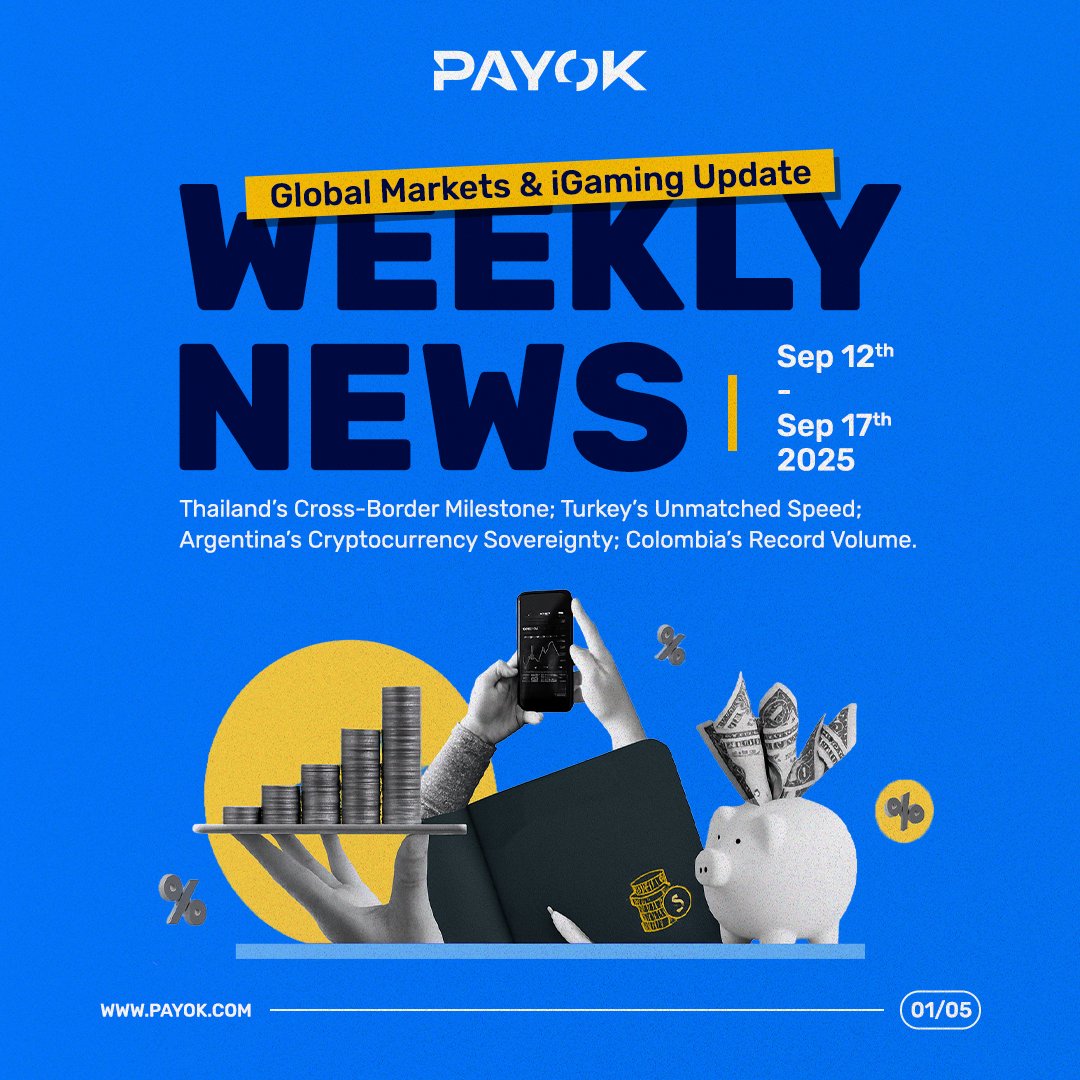 PAYOKPayment's tweet image. PAYOK Weekly News Global Markets & iGaming Update:
🌏 Thailand’s Cross-Border Milestone
🌎 Turkey’s Unmatched Speed
🌍 Argentina’s Cryptocurrency Sovereignty
🌏 Colombia’s Record Volume
#PAYOK #PaymentSolution #Payments #Fintech #iGaming #paymentgateway #onlinepayment #forex