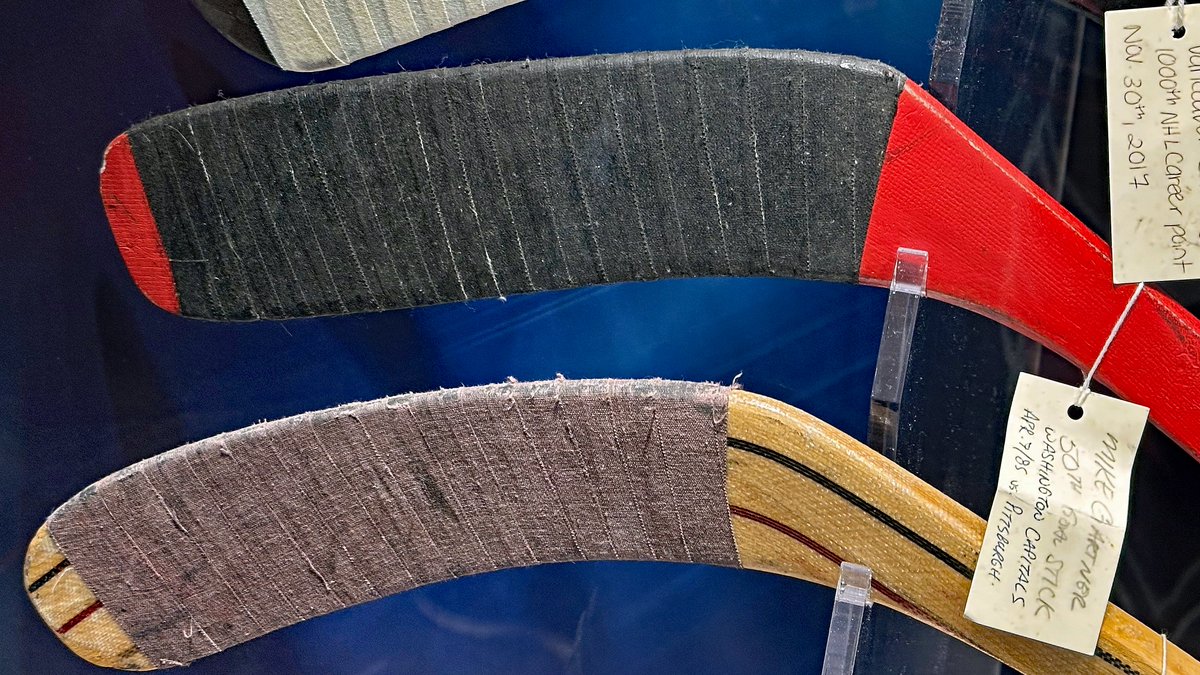 TillyCapsFan's tweet photo. Another photo from my recent trip to the Hockey Hall of Fame in Toronto: Stick (top) used by Mike Gartner to score his 50th goal in his only 50-goal season (1984-85) #HockeyHallFame #NHL #WashingtonCapitals #allcaps @capitals @MSE @MonSportsNet @CapitalsRadio @AllCapsHockey https://t.co/Sk3QOBrPZz