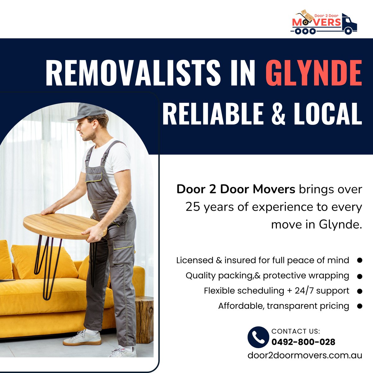 d2dremovalists's tweet image. Moving doesn’t have to be stressful! With #Door2DoorMovers, you get:

✔️ Over 25 years of trusted #movingexperience
✔️ Licensed &amp;amp; insured professionals for peace of mind
✔️ #Qualitypacking &amp;amp; protective wrapping
✔️ Flexible scheduling + 24/7 support

 👉 door2doormovers.com.au/removalists-gl…